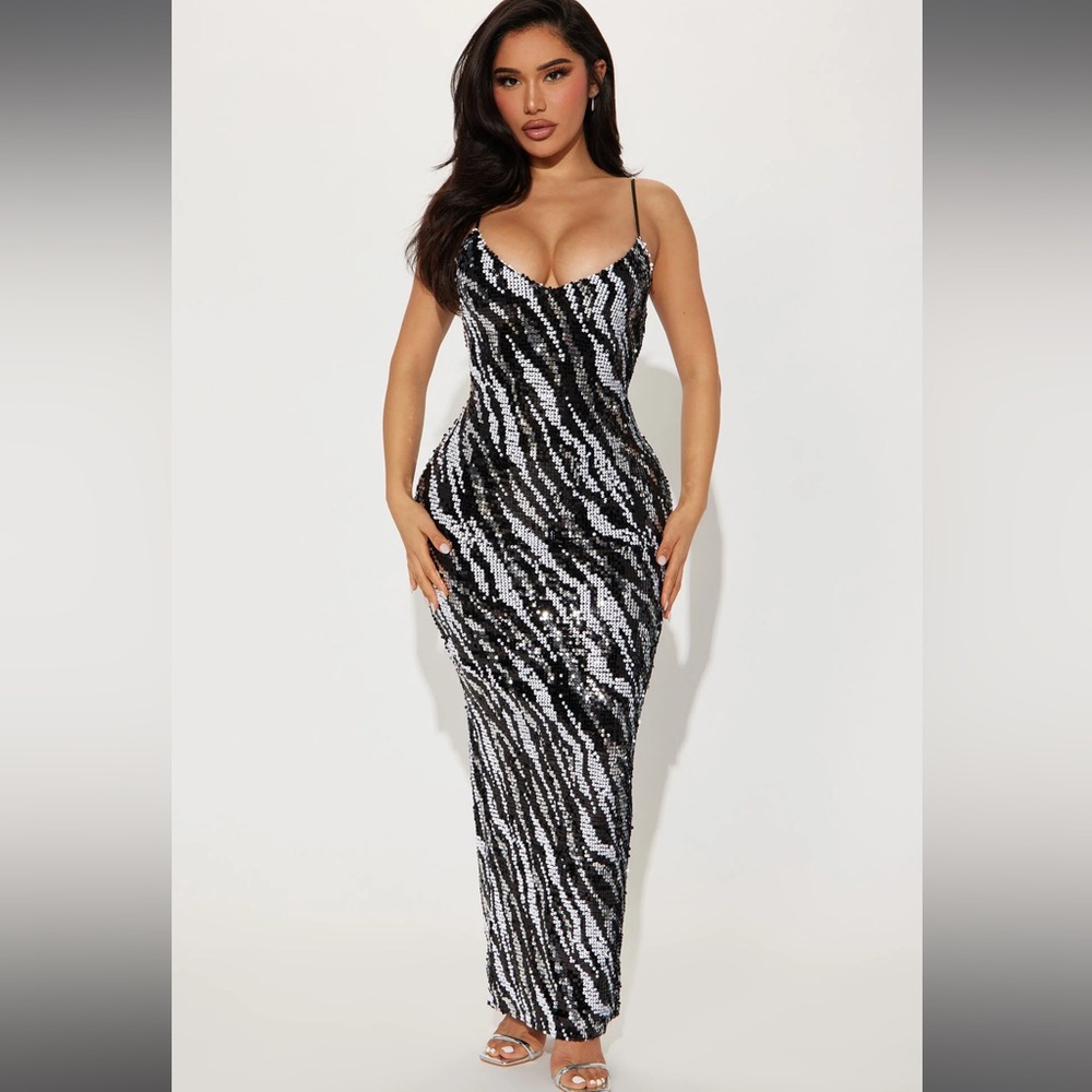 Black white and silver sequin dress.
